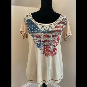 Ladies XL Patriotic T-Shirt Beige w/ Eagle Bling Design Perfect for 4th of July!